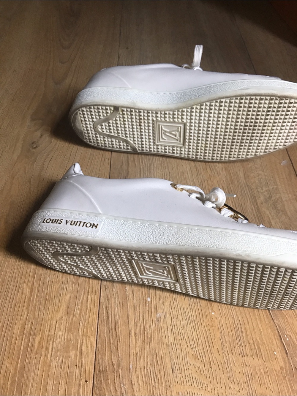 Louis Vuitton White Leather Sneakers with Gold LV Medallions - Picture 8 of 9